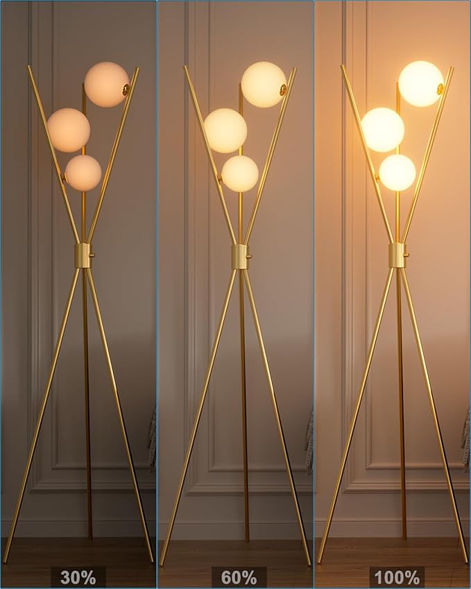 ACOHOOK 3 Globe Dimmable Tripod Floor Lamp, Mid Century Standing Lamps with 3Pcs 3000K Bulbs Included, Modern Tall Lamp for Living Room Bedroom Office-Gold