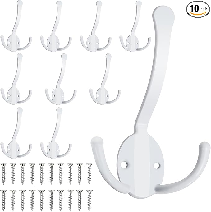 10 Pack Coat Hooks Heavy Duty, Metal Three Prongs Large Coat Hooks Wall Mounted with 20 Screws, No Rust White Rustic Wall Hooks for Hanging Towel, Coat, Scarf, Bag, Hat, Cup, Key