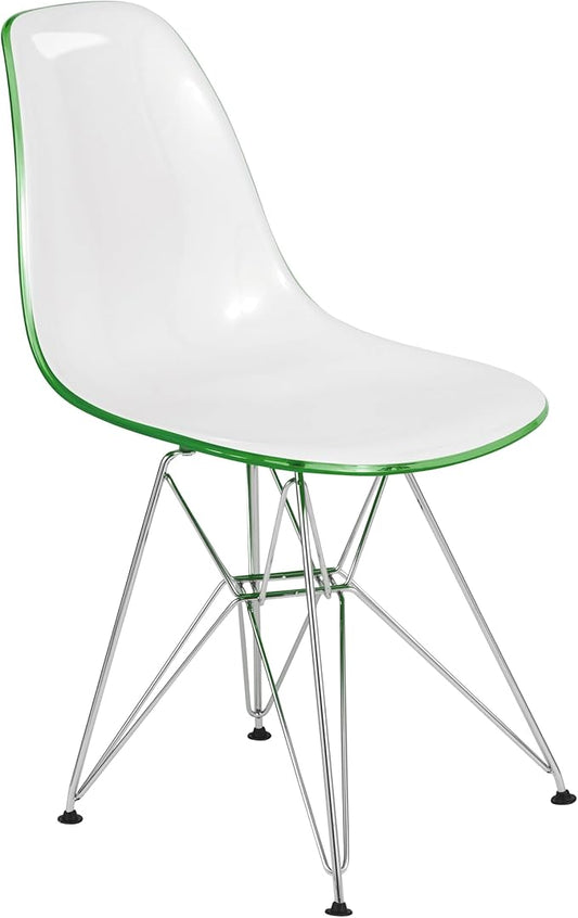 LeisureMod Cresco Acrylic Dining, Modern Chrome Eiffel Base and Curved Back Design, Ergonomic and Lightweight Accent Side Chair for Mid-Century Home, Kitchen, and Café (White Green, Singles)