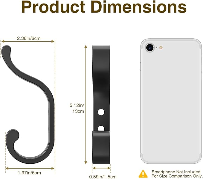 Coat Hooks Wall Mount for Hanging, Heavy Duty Backpack Hooks for Wall, Hold up to 30 lbs, Large Hanger Hooks for Towels, Purses, Clothes, Mudroom, Bathroom, Door, Black, 4 Pack