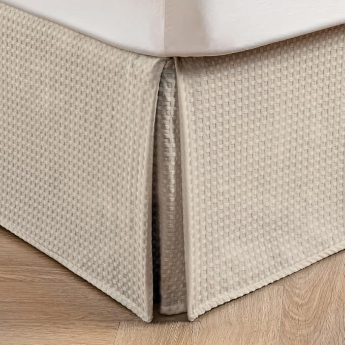 MIYE Pleated Waffle Weave Bed Skirt, Tailored Dust Ruffle 16 Inch Drop Easy Fit, Machine Washable,No Split Corners (Beige, Twin - 16" Drop)