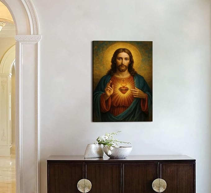 Sacred Heart of Jesus Canvas Wall Art Catholic Divine Mercy Prints Wall Decor Christ Jesus Portrait Poster Christian Religious Picture Artwork for Bedroom Living Room Prayer Room 16x24 Inch Framed