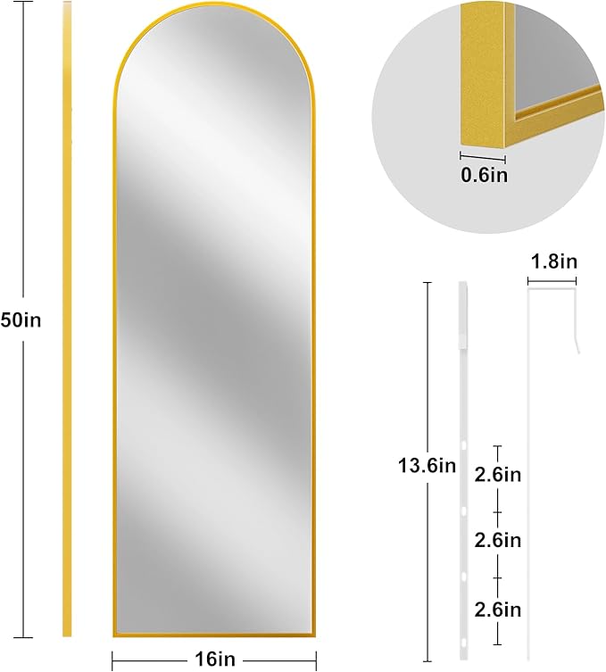 Full Length Door Mirror, Wall Mounted Wall & 48"X18"Arched Behind Door Mirrors, Full Length Mirror for Use in Living Rooms, Rooms, Bedrooms, Cloakrooms, etc. (Gold)