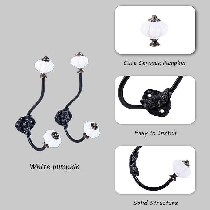 NIKKY HOME Wall Hooks Decorative 2 Pack Hanging Rustic Vintage Pumpkin Metal Iron Ceramic Antique Mounted Wall Hook for Towels Coat Bag Scarf Cap Hat Key for Farmhouse Mudroom Closet Bathroom, White