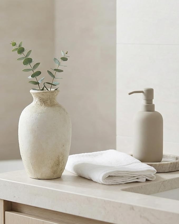 Ceramic Flower Vase Home Decor – 8.3 Inches Pottery Rustic Farmhouse Bottle Vase for Table Centerpiece, Shelf & Mantel, Beige
