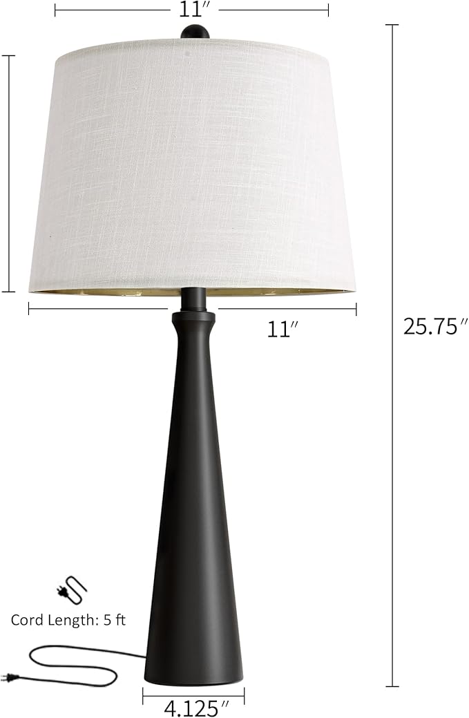 Oneach 25.75" Modern Table Lamp Set of 2, Bedside Lamps with USB Ports, Black Nightstand Lamps Set for Living Room Bedroom House Bedside Home Office Family