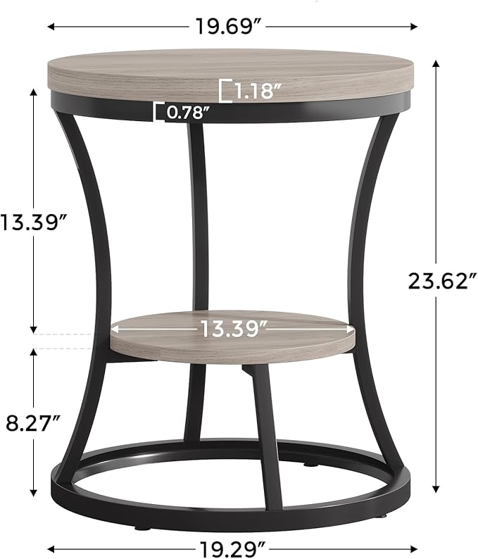 Round End Table, 2 Tier Industrial Side Table, Accent Bedside Table Nightstand with Metal Frame for Living Room, Bedroom, Small Spaces, Easy Assembly, Grey Brown & Black