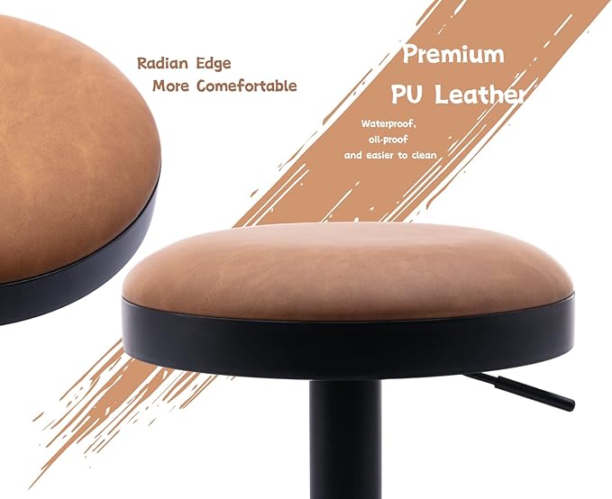 CIMOTA Swivel Round Bar Stools Set of 1 Backless Adjustable Counter Height Barstools Modern Industrial PU Leather Bar Stool Chair for Kitchen/Home Bar/Pub/Bistro/Office, Retro Brown