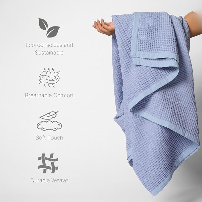 9Threads GOTS Certified Organic Cotton Waffle Weave Blanket, Queen Bed Size, 90"X90"Cozy Throw Blanket for Couch, Modern Home Decor, Throw Blankets, Waffle Blanket, Soft Bed Blankets - Powder Blue