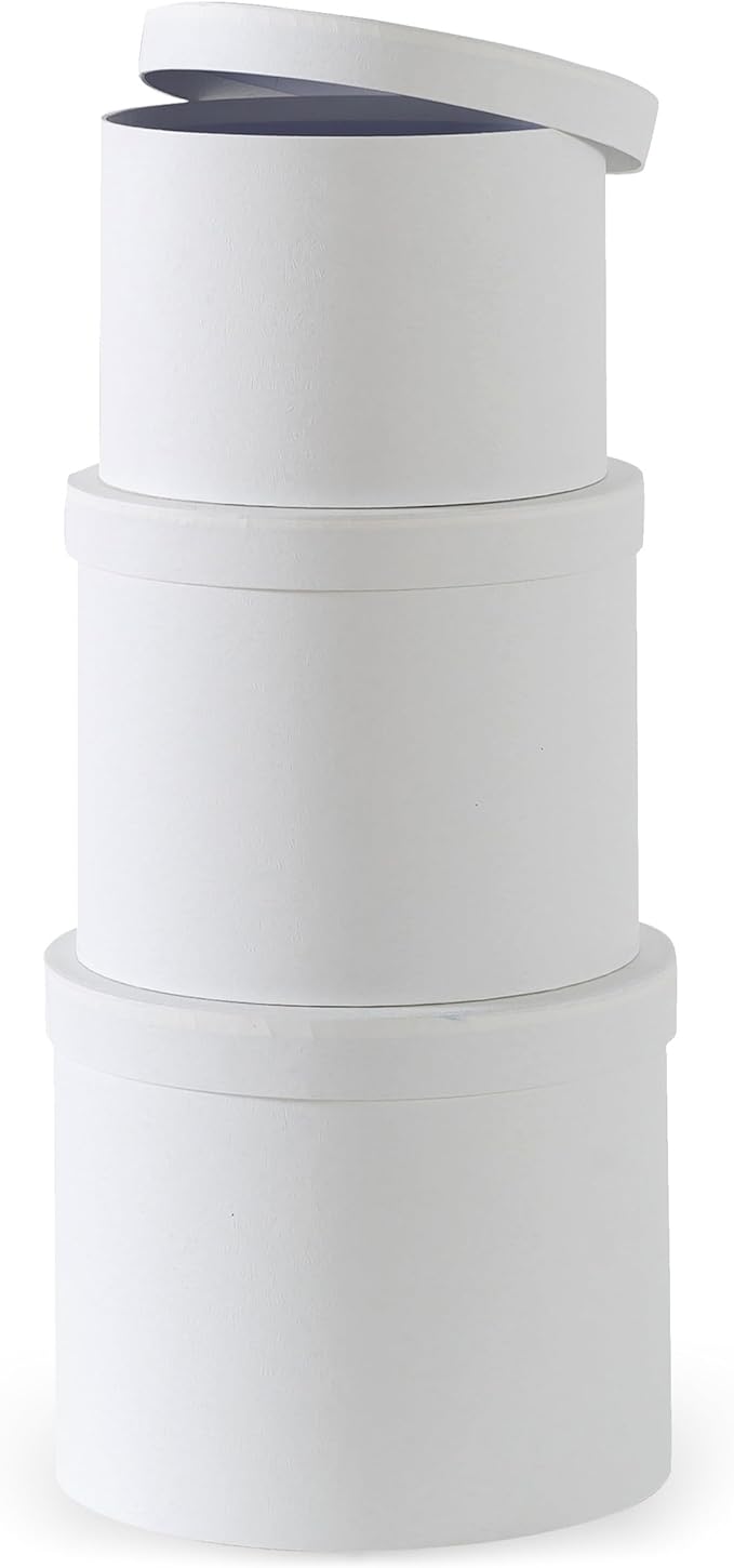 Soul & Lane Round Gift Boxes with Lids – Set of 3 Circular Boxes for Flowers, Bouquets & Arrangements, White Cardboard Cylinder Gift Box Set for Roses, Décor and Special Presentations