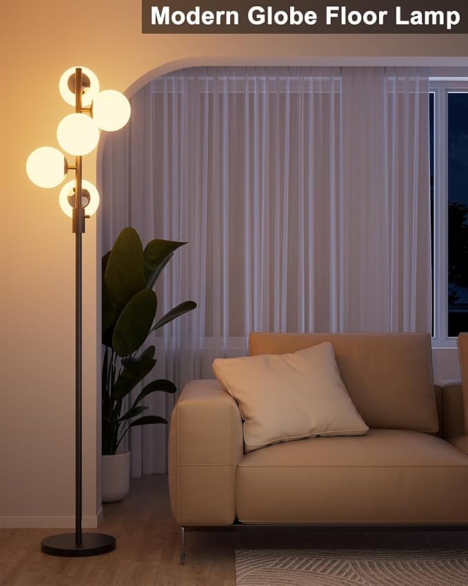 ACOHOOK 64IN Dimmable Black Floor Lamp, Tall Standing Lamps with 5 Globe Soft Warm White Eye Care 3000K G9 Bulbs, Mid Century Modern Floor Lamp for Living Room Bedroom Office