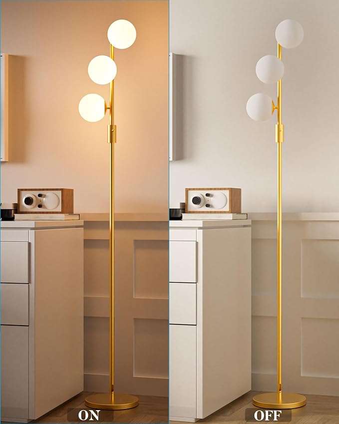 Lightdot 64IN Dimmable Globe Floor Lamp, Gold Standing Lamps with 3pcs 3000K G9 Bulbs Soft Warm White Eye Care, Mid Century Floor Lamp for Living Room