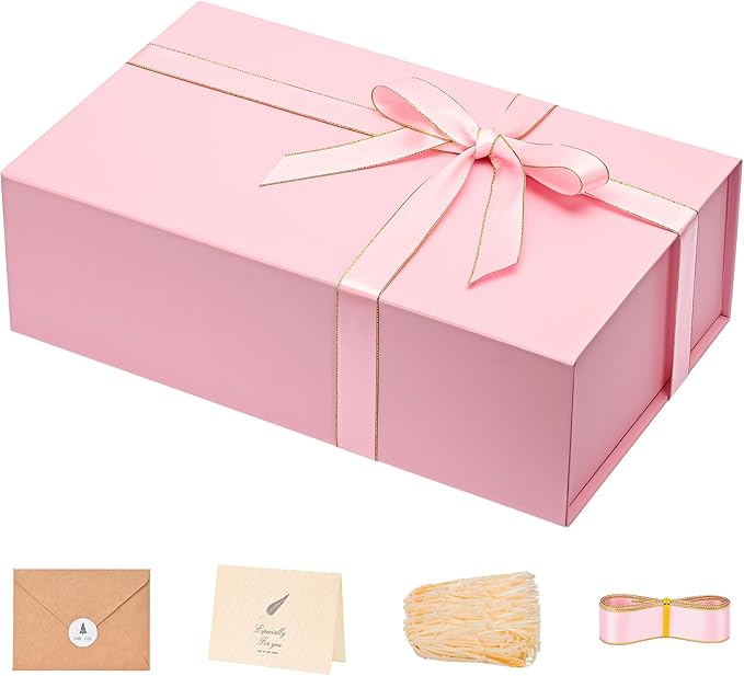 LIFELUM Pink Gift Box 13.85'' x 8.35'' x 4.45'' Gift for Valentines Large Gifts Boxes for Presents Birthday Magnetic Box for Gifts with Luxury Filler,Card, Ribbon,Sticker 1 Pack