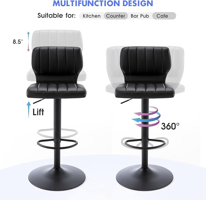 Brage Living Adjustable Bar Stools Set of 2, Modern PU Leather Swivel Barstools with Back, Armless Airlift Counter Height Bar Chairs for Kitchen Dining Pub Cafe (Black, Black Base)
