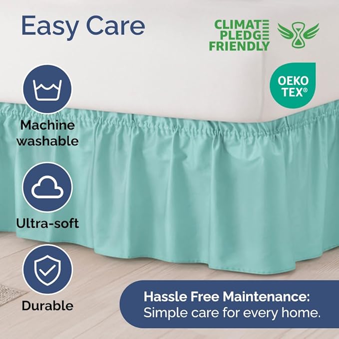 Wrap Around Dust Ruffle Bed Skirt - Spa Blue - Twin/Twin XL Size Beds with 12 Inch Drop - Easy Fit Elastic Strap - Adjustable Pleated Bedskirt w/Brushed Fabric Wrinkle Free - Women, Men, Kids & Teens