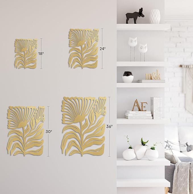 SIGNLEADER Metal Wall Art Decor Botanical Flower Minimalist Modern Abstract Wall Sculpture Hangings Home Decoration for Living Room, Bedroom, Bathroom, Kitchen, Outdoor - 18" Gold