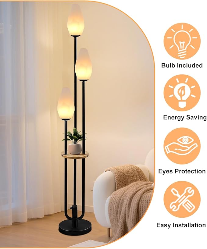 Lightdot Black Dimmable Floor Lamp with Table, 63IN Mid-Century Oval Floor Lamps with 3000K Soft Warm White Bulbs, 3-Lights Candle Holder Style Modern Tall Standing Lamp for Living Room