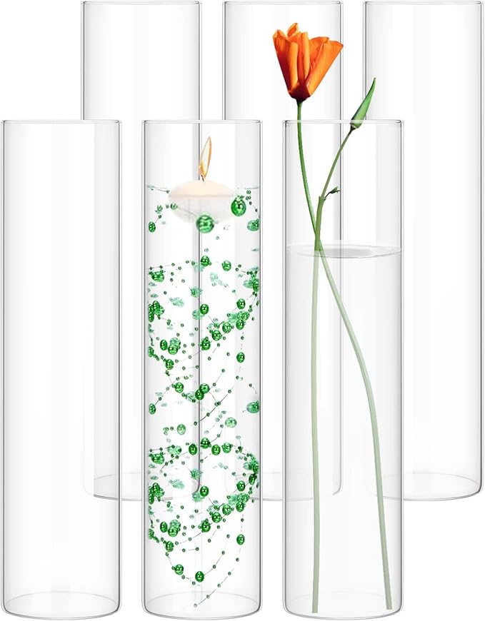 6 Pack Glass Cylinder Vases 14 Inch Tall Clear Flower Vase for Centerpieces, Hurricane Floating Candle Holder Wedding Decorations, Floral Vase Bulk for Table Shelf Party Home Deco (14 x 3.35 Inch)