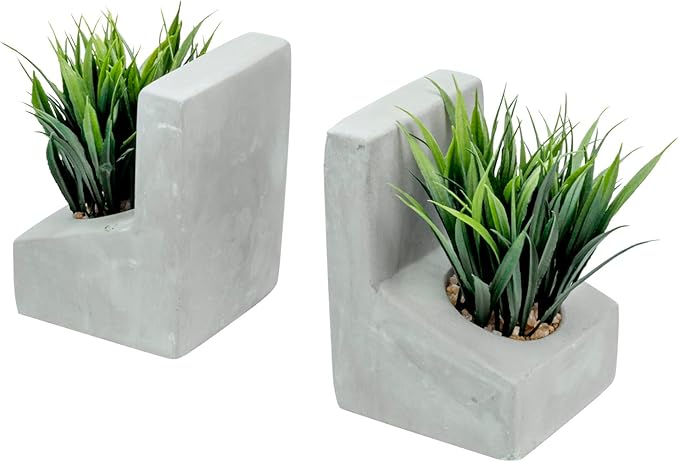 MyGift Decorative Bookends, Heavy Duty Book Ends with Artificial Green Grass Plants, Book Stands for Office Desktop, Bookshelf, Modern Gray Concrete L-Shaped