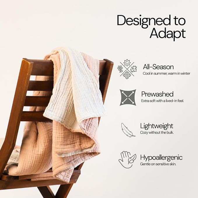 Salt Earth 100% Cotton Muslin Throw Blanket, 50"X60" 6 Layered Gauze Tassel Blanket Throw for Couch, Bed, Living Room, Home, Light Christmas Blanket and Throws for Christmas Gifts (Rose Dust/Moonbeam)