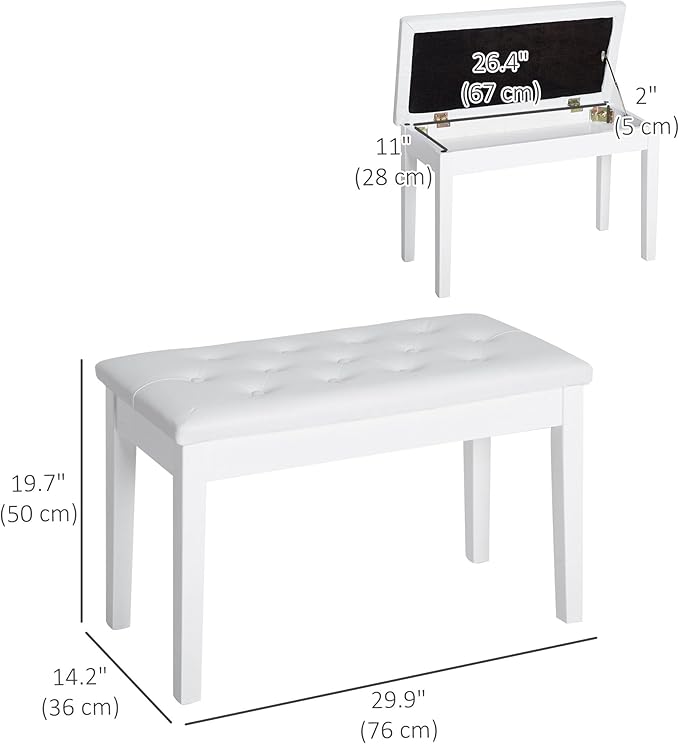 HOMCOM Piano Bench, Duet Piano Chair with Faux Leather Padded Cushion and Wooden Frame, Button Tufted Keyboard Bench, White