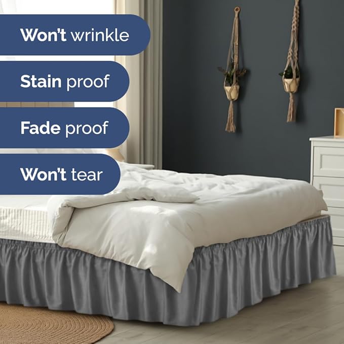 Wrap Around Dust Ruffle Bed Skirt - Dark Grey - for Full Size Beds w/ 16 Inch Drop - Easy Fit Elastic Strap - Adjustable Pleated Bedskirt with Brushed Fabric, Wrinkle Free Women, Men, Kids and Teens