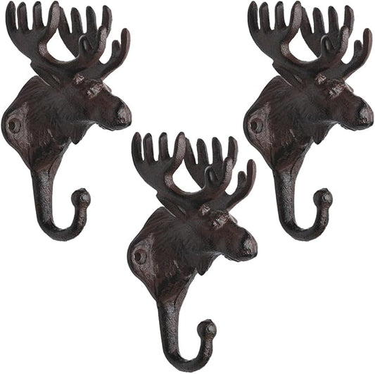 BRASSTAR Vintage 3PCS Cast Iron Deer Head Antlers Wall Hooks/Hanger - Living Room Bathroom Room Kitchen Wall Decoration Coat Hooks Rustic PTZY226-03