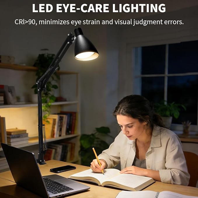LED Desk Lamp for Home Office - Retro Clamp on Desk Lamp, Metal Swing Arm Architect Lamps with 5 Color Modes & 10 Brightness, Adjustable Gooseneck Clip-on Lamps for Reading Home Craft Puzzle, Black