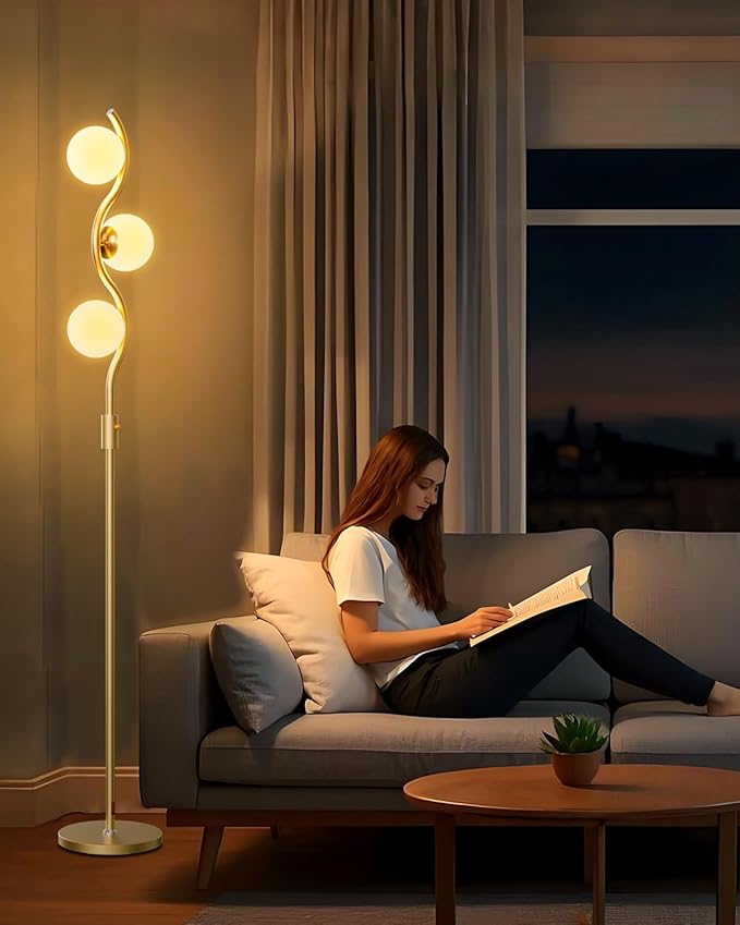 Lightdot 60IN Gold Floor Lamp Stepless Dimmable Globe Floor Lamps with 3Pcs 3000K G9 Bulbs Eye-Friendly Mid Century Standing Lamps with Stable Base for Living Room/Bedroom/Corner