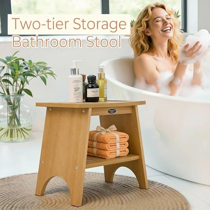 Shower Stool for Inside Shower, Shower Benches for Shaving Legs, 500lbs Shower Chair with Space-Efficient Storage Shelf, Waterproof Shower Seat for Spa Bathroom, Indoor or Outdoor Use(Teak Style)