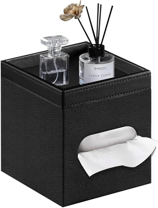 PU Leather Square Tissue Box Cover with Storage Tray - Decorative Organizer for Bathroom Vanity, Night Stands, Office Desk, Bedroom Countertop | Stylish Tissue Holder for Home & Office Décor