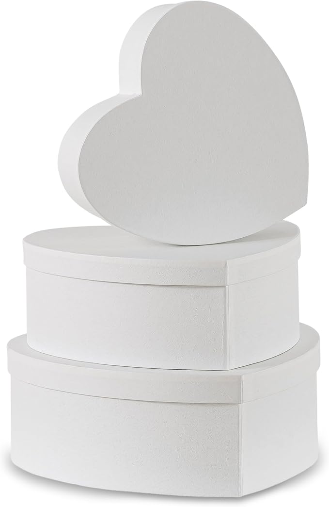 Soul & Lane Heart Shaped Gift Boxes: Set of 3 Empty Paper Mache Boxes with Lids for Flowers, Gifts, Chocolate Strawberries & Special Occasions, Cardboard White Heart Shaped Box for Arrangements
