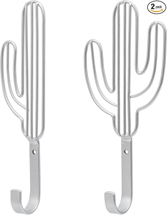 MyGift Wall Mounted Modern Silver Tone Metal Coat Hooks with Wire Saguaro Cactus Matching Shapes for Hanging Hats Coats Towels Leashes Keys, 2 Piece Set