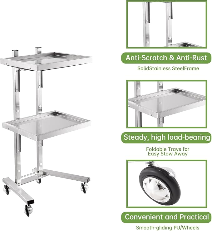 2-Tray Metal Rolling Cart, Stainless Steel Salon Tray Trolley, Foldable Utility Carts Quiet Lockable Wheels, Salon Trolley for Beauty Spa Esthetician dentals Tools, Cavitation Machine, Silver