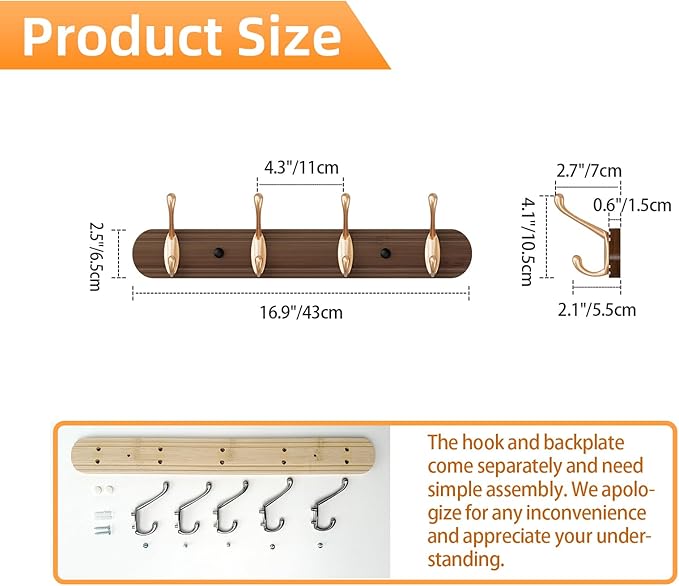 Coat Rack Wall Mount, Bamboo Coat Hanger with 4 Metal Pink Gold Hooks for Hanging Clothes, Towels, Keys, Hats, Bags(Brown)
