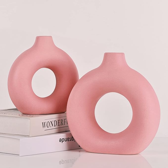 Pink Vase Decor Donut Vase Set of 2 - Circle Hollow Vases, Modern Matte Ceramic Vases for Entryway Living Room Bedroom Dining Table Centerpiece Office Home Decor