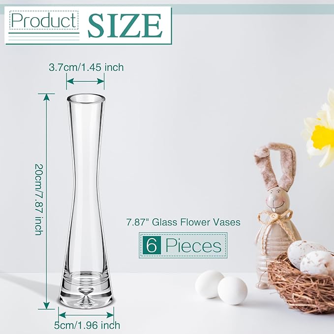 Sliner 6 Pcs Tall Glass Bud Vase for Centerpieces Clear Maria Bud Vase Small Single Flower Vase Rose Skinny Decorative Cylinder Vases for Wedding Party Home Table Decorations(7.87'' H)