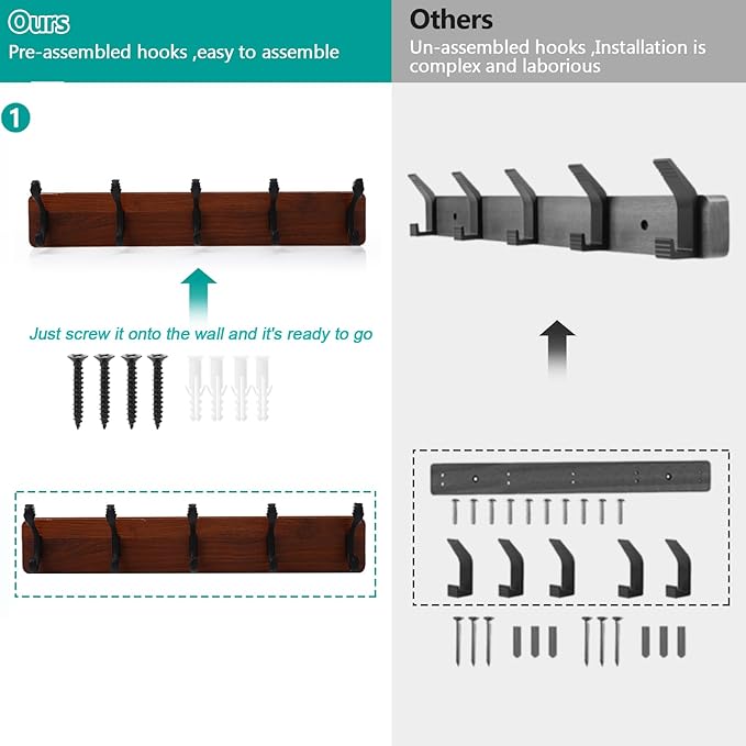 2PCS Coat Rack Wall Mount Coat Hooks Coat Hanger with 5 Hooks 2 Installation Over Door Hooks Wood Plank Hat Rack for Wall Hooks Hanging Coat Hat Jacketgt Mudroom Bathroom Entryway-Black