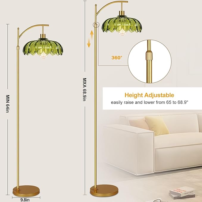 ZECOXOL Gold Floor Lamps for Living Room Vintage Green Floor Lamp with Remote Control & Glass Lampshape,Dimmable Mid Century Modern Standing Lamp Tall Flower Lamp Brass Floor lamp for Bedroom Corner