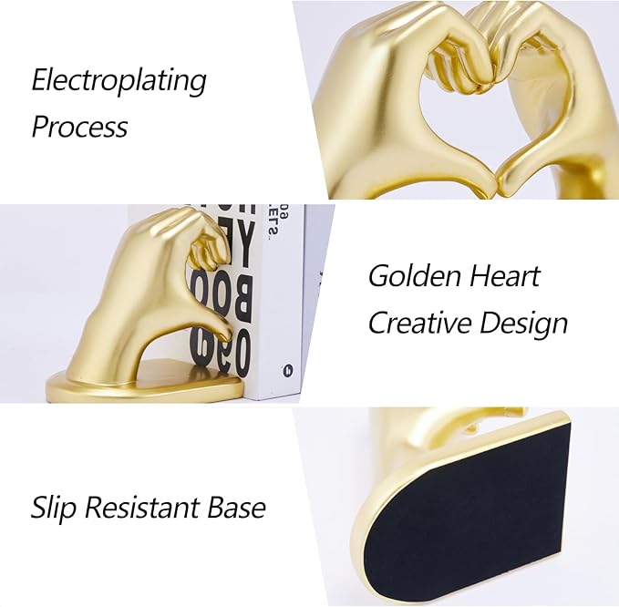 Book Ends Heart Design for Mom, Gold Bookends for Shelves, Non-Skid Bookend, Heavy Duty Resin Book Stopper for Books, Decorative Holder, Gifts for Mother's Day 10.43 x 3.93 x 5.51’’, Gold