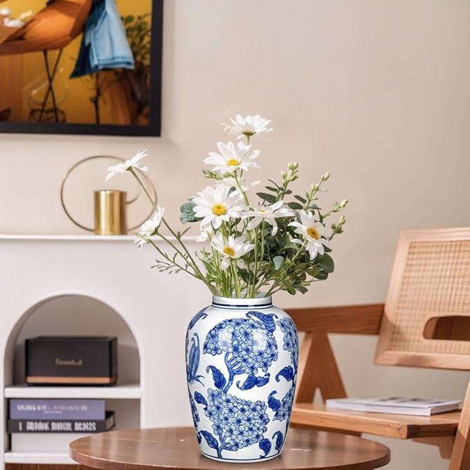 Blue and White Ceramic Vase, 8.4 Inch Hydrangea Decorative Flower Vase for Living Room Dining Table Centerpieces Bookshelf Farmhouse Chinoiserie Style Home Décor