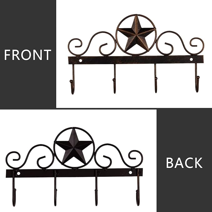 Metal Barn Star Key Rack Holder Wall Mounted Metal Decorative 10" Vintage Key with 4 Hooks Dark Brown Western Home Wall Decor