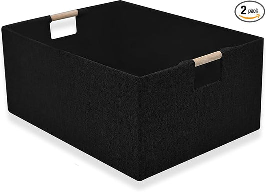 Fabric Storage Basket for Shelves, Collapsible Storage Bins with wood Handles, Rectangle Closet Baskets, Wardrobe Organiser, for Sorting Clothes, Family Items (Black) (2)
