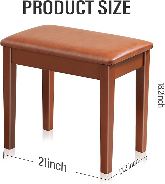 AODSK Piano Bench with Cushion,Solid Wood Keyboard Bench Piano Chair Piano Seat,Brown Piano Stool,13.21 x 21 x 18.2 Inches