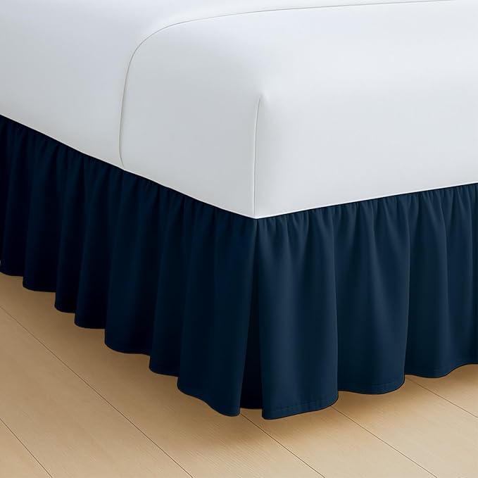 Rajlinen Ruffled Bed Skirt Twin, 12 Inch Drop Dust Ruffle with Split Corners, 100% Microfiber Bedskirt with Platform, Three-Sided Coverage Ruffled Gathering Design, Navy Blue