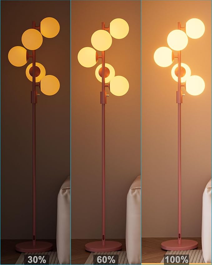 Lightdot Dimmable (Brightness Adjustable) Globe Floor Lamp, Retro Pink Pole Standing Lamps with 5PCS 3000K G9 Bulbs, Mid Century Modern Floor Lamp for Living Room Bedroom Home Office