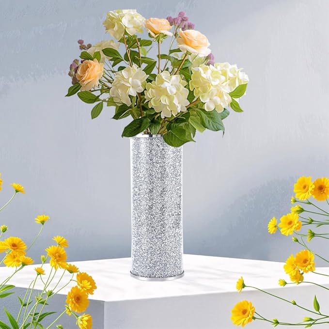Silver Glass Vase for Flowers, Large 10in Crushed Diamond Vase, Luxurious Fresh Flower Vase for Home Decor, Bedroom, Living Room, Office, Wedding, Party, Dining Table