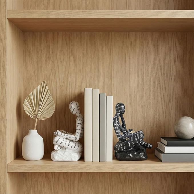 Book Ends for Heavy Books Set of 2, Modern Abstract Thinker Book Ends for Shelves and Desk - Resin with Non-Slip Pads, Bookends for Shelves, Modern Black White Office Decor Bookends