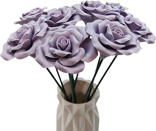 Handmade Porcelain 3D Ceramic Rose Flower, Eternal Flower Decoration for Home Office Decor, Creative Desktop vases, Porcelain Decorations, Set of 9 (Purple)