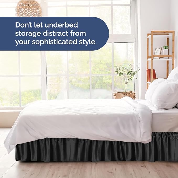 Wrap Around Dust Ruffle Bed Skirt - Black - Twin/Twin XL Size Beds with 15 Inch Drop - Easy Fit Elastic Strap - Adjustable Pleated Bedskirt w/Brushed Fabric - Wrinkle Free - Women, Men, Kids & Teens